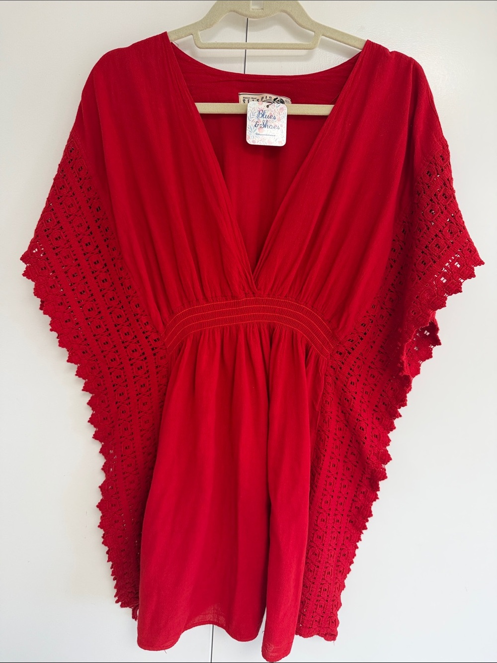 NWT! Seaspice Peru Vibrant Red Crochet-Sleeve Tunic Dress Cover-up